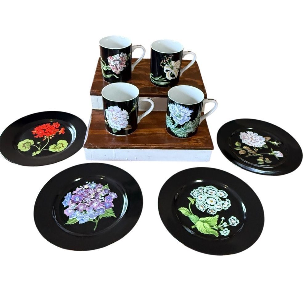 Vintage Tiffany & Co. Mrs. Delany's Flowers Set of 4 Porcelain Plates and 4 Mugs